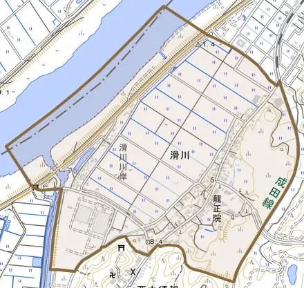 滑川とその周辺の地図。町の範囲を重ねている