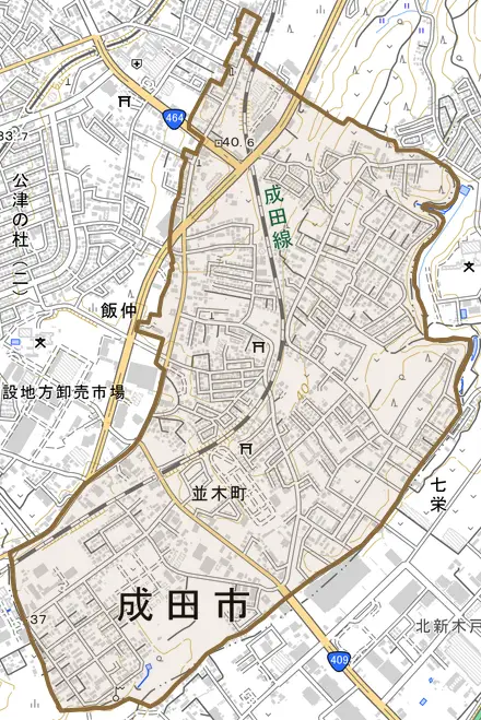 並木町とその周辺の地図。町の範囲を重ねている