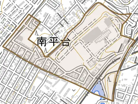 南平台とその周辺の地図。町の範囲を重ねている