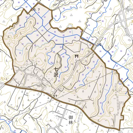七沢とその周辺の地図。町の範囲を重ねている