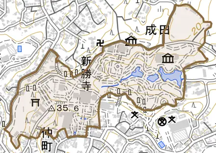 成田とその周辺の地図。町の範囲を重ねている