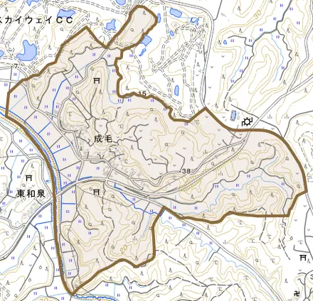 成毛とその周辺の地図。町の範囲を重ねている