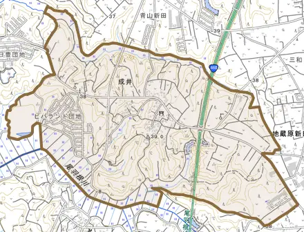 成井とその周辺の地図。町の範囲を重ねている