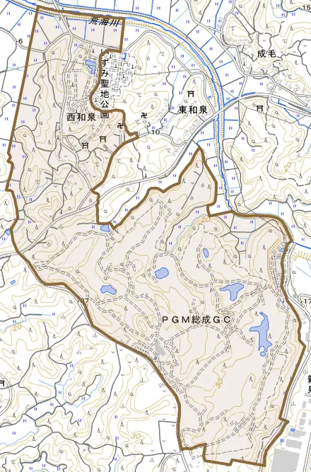 西和泉とその周辺の地図。町の範囲を重ねている
