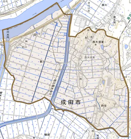 西大須賀とその周辺の地図。町の範囲を重ねている