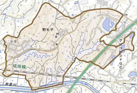 野毛平とその周辺の地図。町の範囲を重ねている