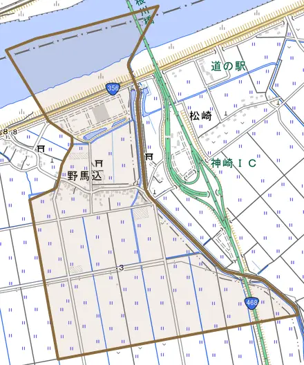 野馬込とその周辺の地図。町の範囲を重ねている