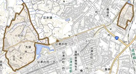大袋とその周辺の地図。町の範囲を重ねている
