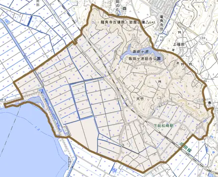 大竹とその周辺の地図。町の範囲を重ねている