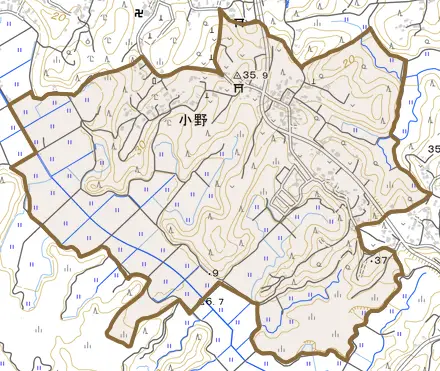 小野とその周辺の地図。町の範囲を重ねている