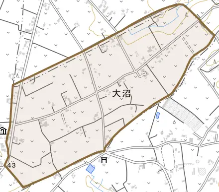 大沼とその周辺の地図。町の範囲を重ねている