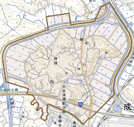 押畑とその周辺の地図。町の範囲を重ねている