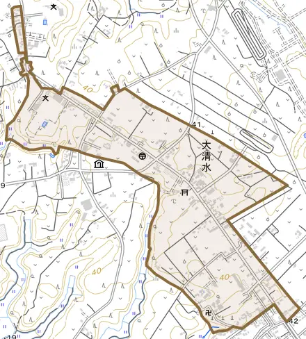 大清水とその周辺の地図。町の範囲を重ねている