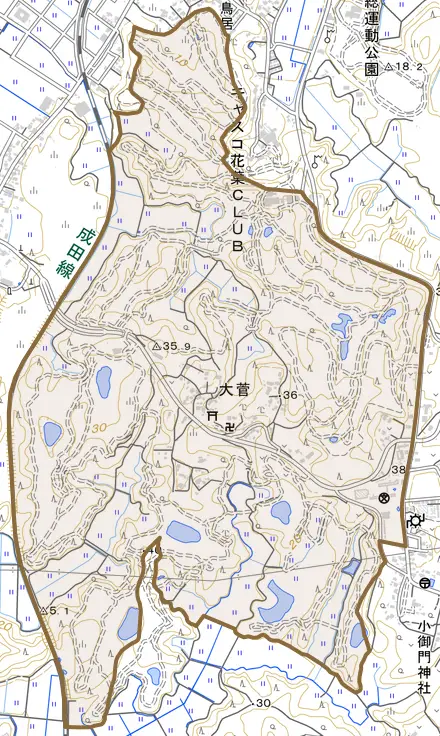 大菅とその周辺の地図。町の範囲を重ねている