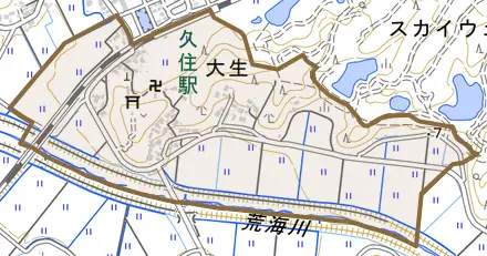 大生とその周辺の地図。町の範囲を重ねている