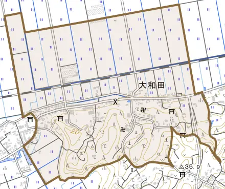 大和田とその周辺の地図。町の範囲を重ねている