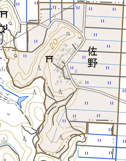 佐野とその周辺の地図。町の範囲を重ねている