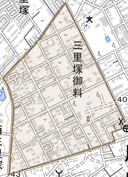 三里塚御料とその周辺の地図。町の範囲を重ねている