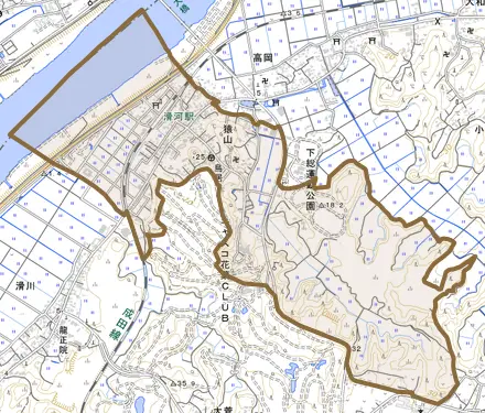 猿山とその周辺の地図。町の範囲を重ねている
