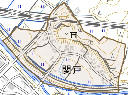 関戸とその周辺の地図。町の範囲を重ねている