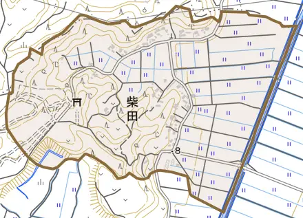 柴田とその周辺の地図。町の範囲を重ねている