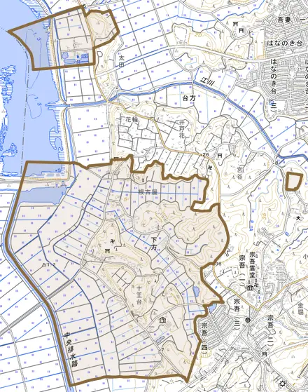 下方とその周辺の地図。町の範囲を重ねている