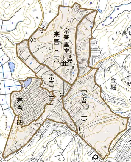 宗吾とその周辺の地図。町の範囲を重ねている