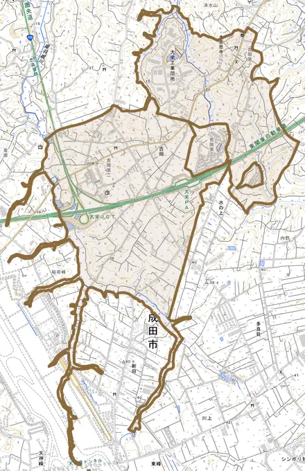吉岡とその周辺の地図。町の範囲を重ねている