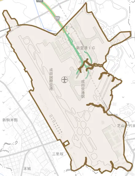 木の根とその周辺の地図。町の範囲を重ねている