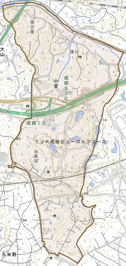 小菅とその周辺の地図。町の範囲を重ねている
