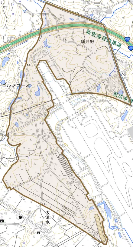 駒井野とその周辺の地図。町の範囲を重ねている