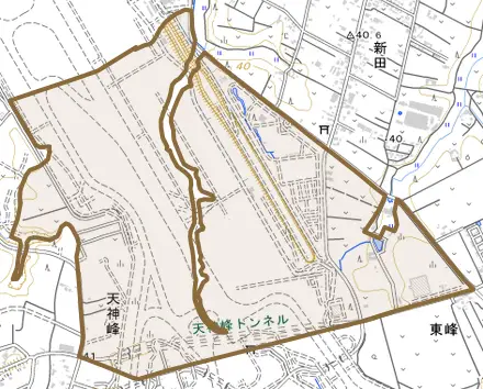 天神峰とその周辺の地図。町の範囲を重ねている
