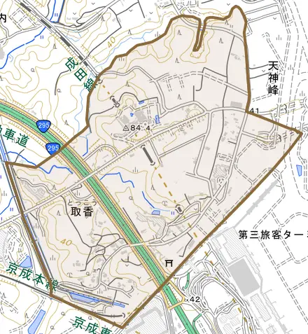 取香とその周辺の地図。町の範囲を重ねている