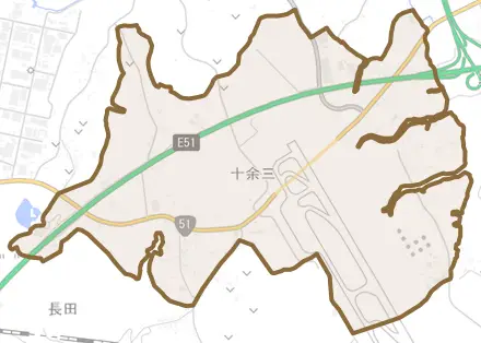 十余三とその周辺の地図。町の範囲を重ねている