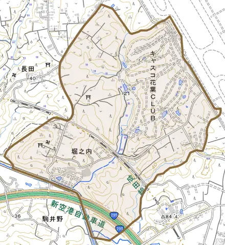 堀之内とその周辺の地図。町の範囲を重ねている