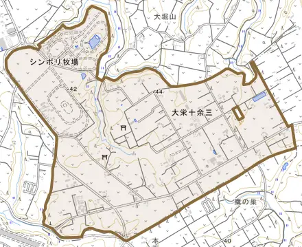 大栄十余三とその周辺の地図。町の範囲を重ねている