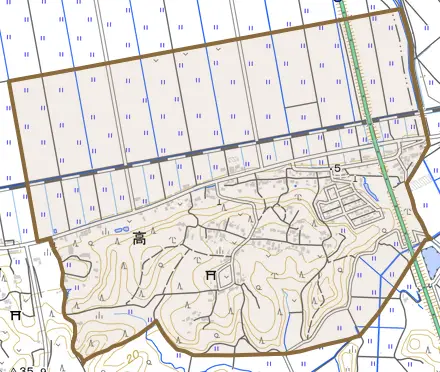 高とその周辺の地図。町の範囲を重ねている