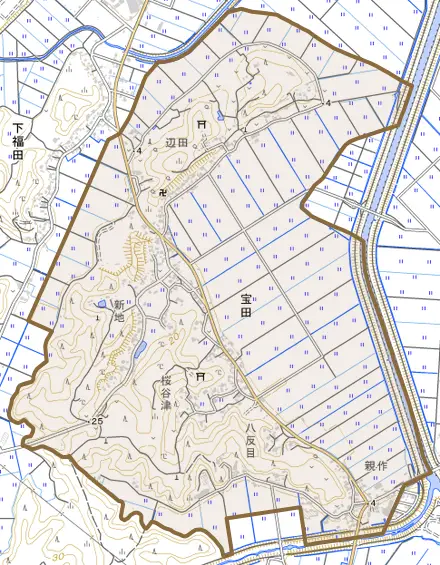宝田とその周辺の地図。町の範囲を重ねている