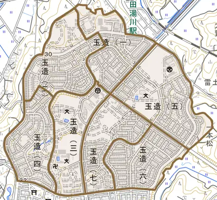 玉造とその周辺の地図。町の範囲を重ねている