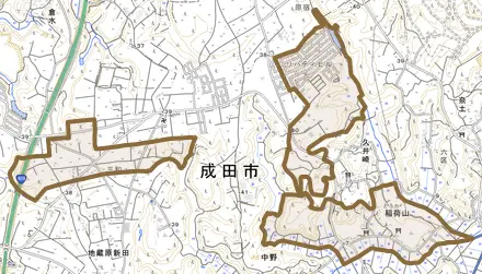 稲荷山とその周辺の地図。町の範囲を重ねている