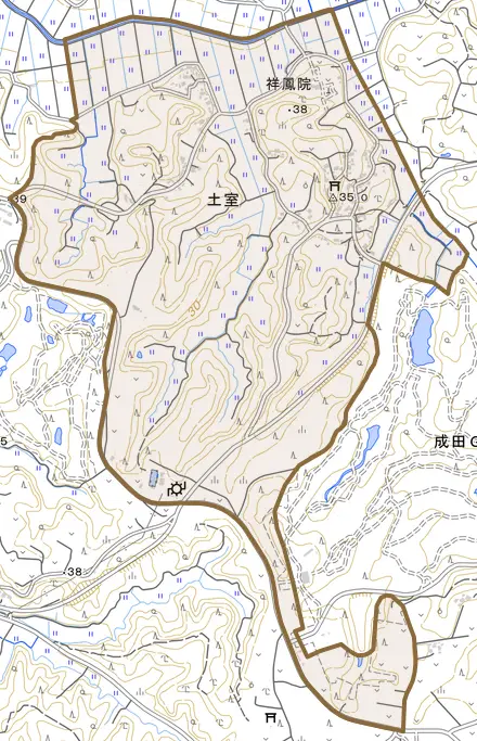 土室とその周辺の地図。町の範囲を重ねている