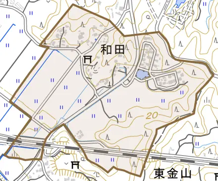 和田とその周辺の地図。町の範囲を重ねている