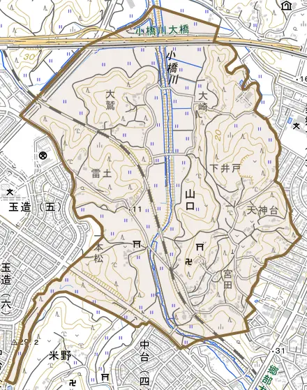 山口とその周辺の地図。町の範囲を重ねている