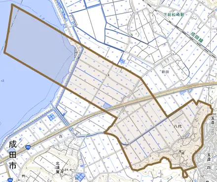 八代とその周辺の地図。町の範囲を重ねている