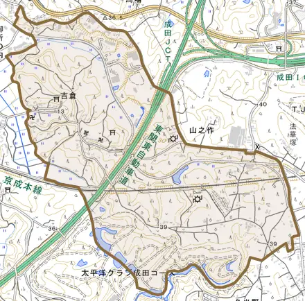 吉倉とその周辺の地図。町の範囲を重ねている