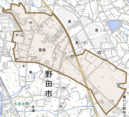 蕃昌とその周辺の地図。町の範囲を重ねている