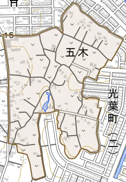 五木とその周辺の地図。町の範囲を重ねている