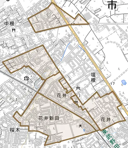 花井とその周辺の地図。町の範囲を重ねている