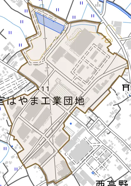 はやまとその周辺の地図。町の範囲を重ねている