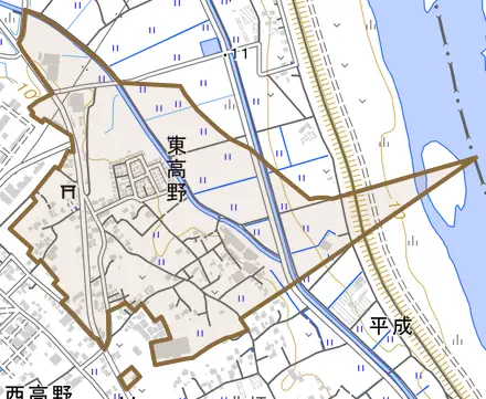 東高野とその周辺の地図。町の範囲を重ねている